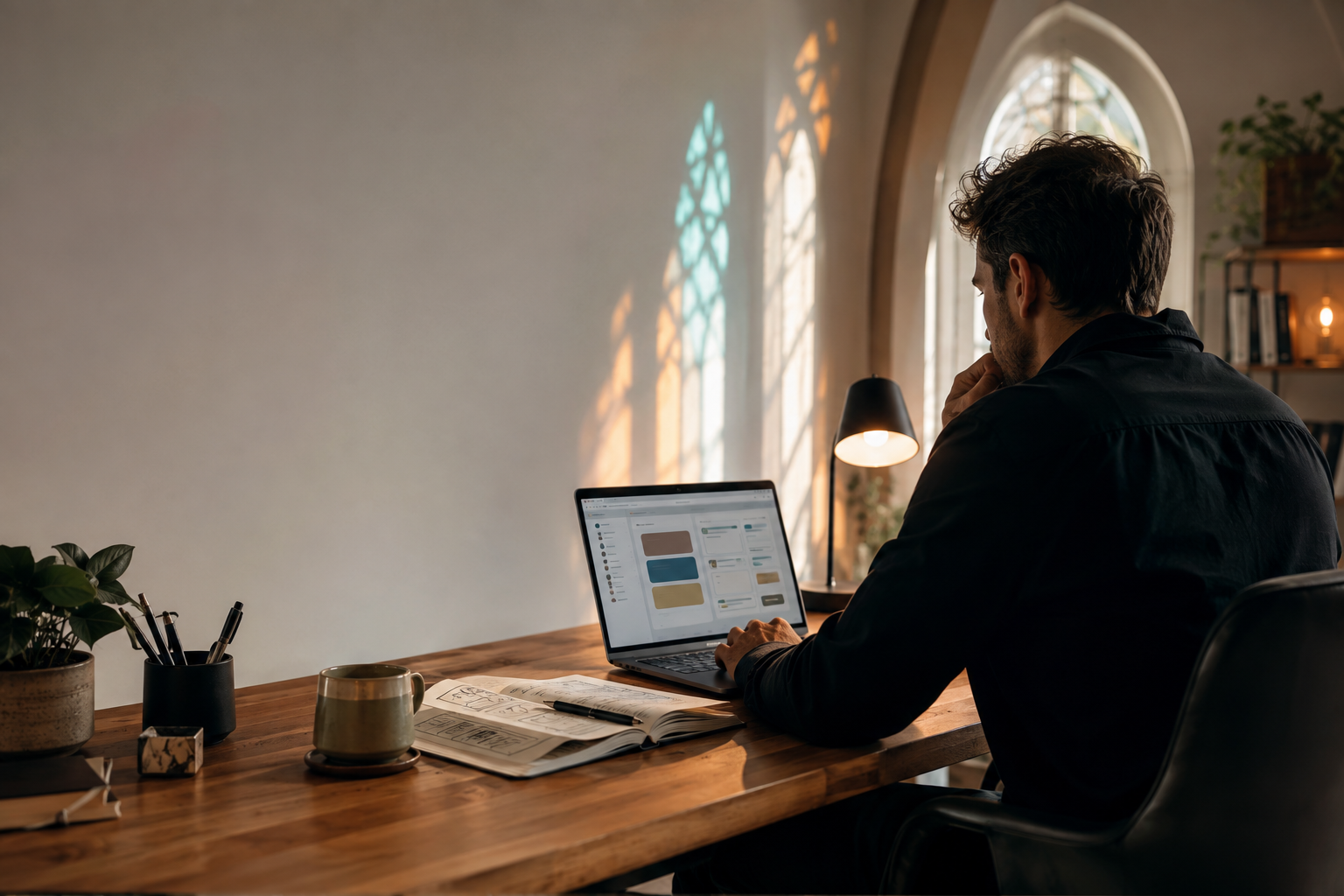 Ruhiger Arbeitsbereich mit Laptop, Notizbuch und warmem Licht in einem kirchlich inspirierten Raum